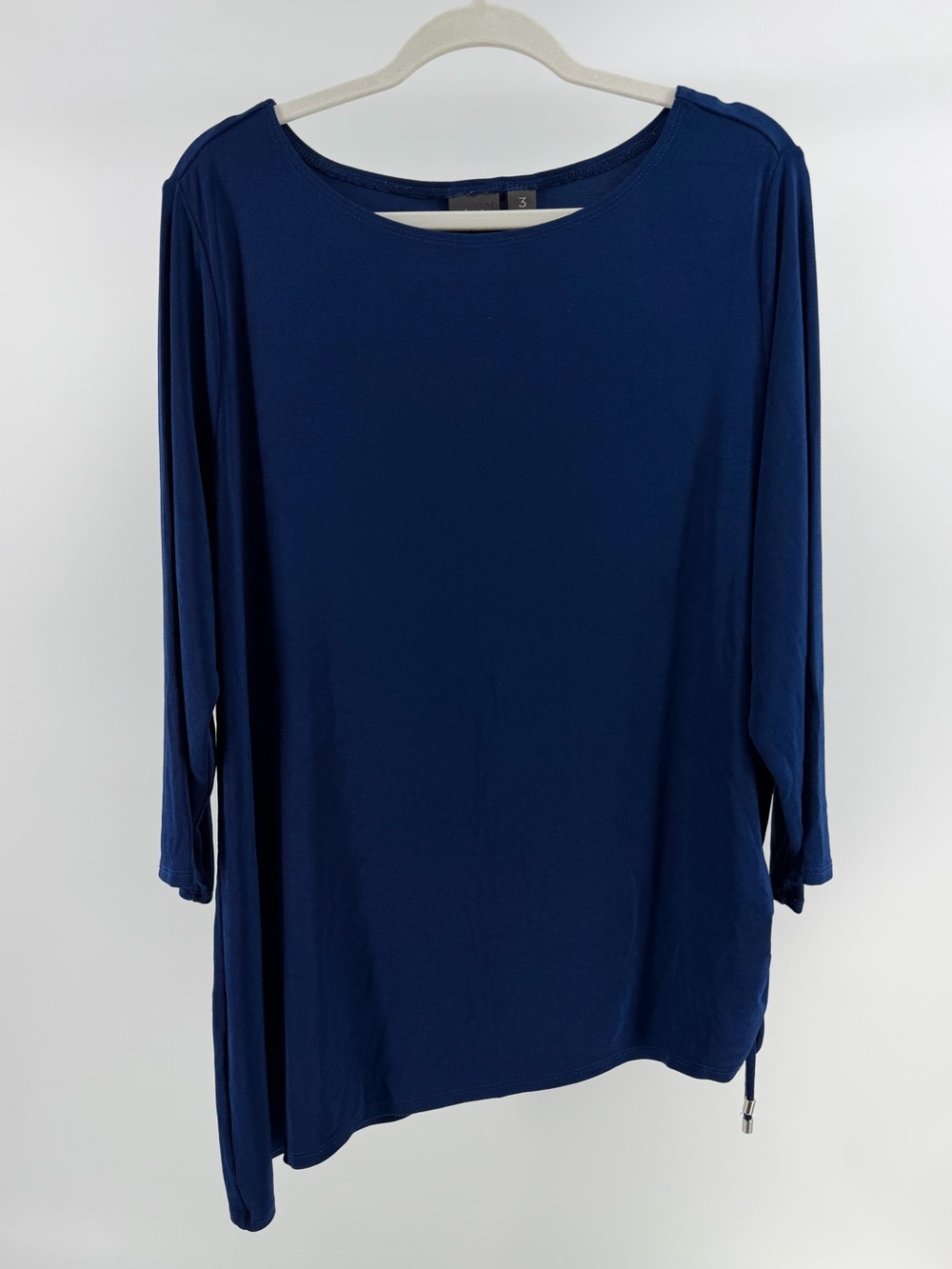 Chico's Travelers Navy Asymmetric Ruched Side Tie Slinky Knit Top, Women's XL